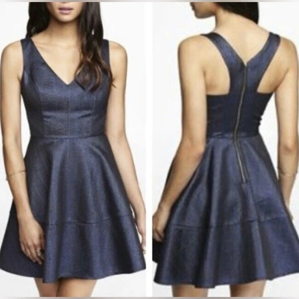 New Express Navy Blue Metallic Jacquard Fit & Flare Zip Back Dress Sz 8 - Picture 1 of 5